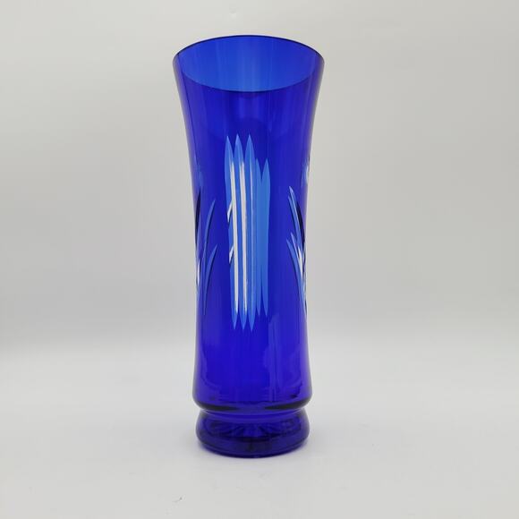 Vtg USSR Russian Badash Vase Cobalt Blue Cut to Clear Crystal Glass 10" - Picture 5 of 10